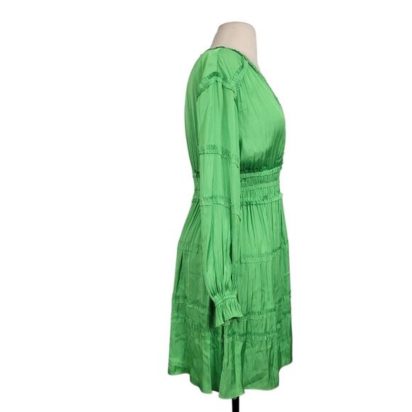 Maje Satin Pleated Mini Dress Sz 34 XS Ruffled Smocked V Neck Long Sleeves Fairy - Picture 2 of 13